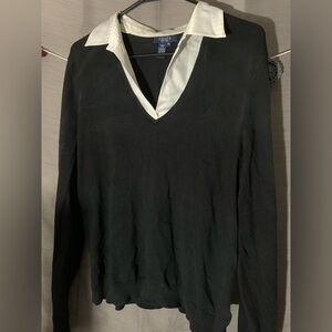 Black V-Neck Sweater with White Collar Detail